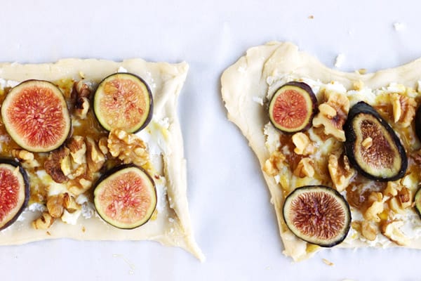 Close-up of Assembled fig puff pastry with walnuts