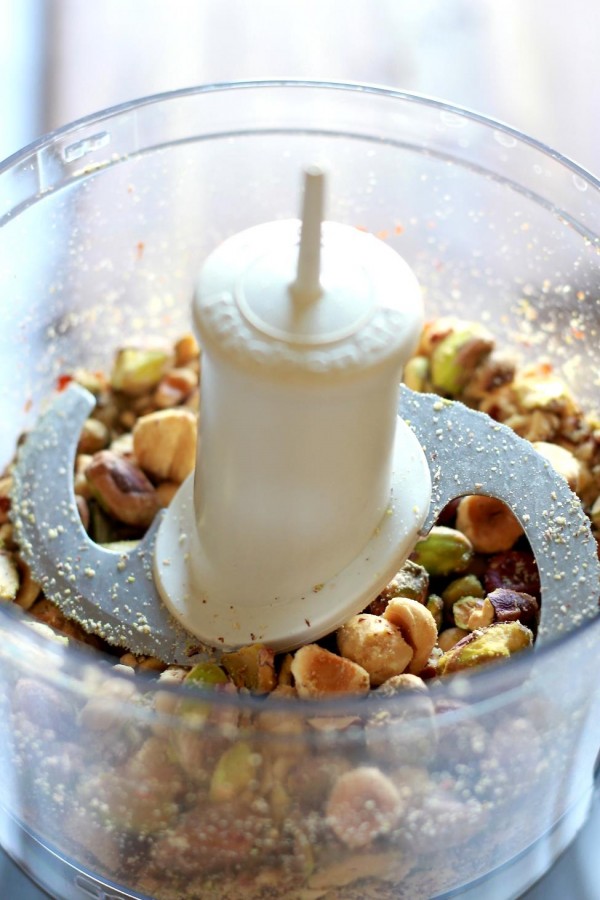 Whole nuts added to a food processor