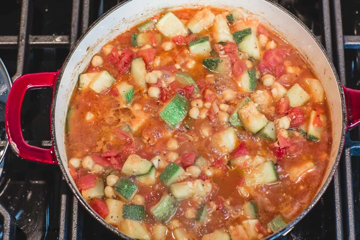 Simmered zucchini, chickpeas and tomatoes for orzo recipe