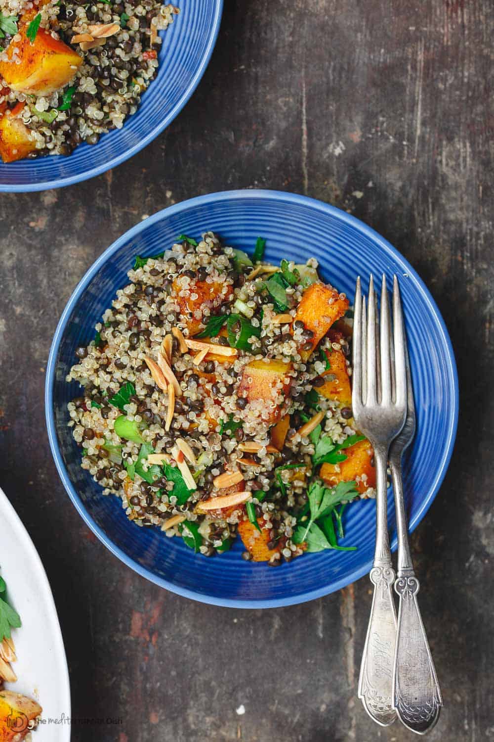 Easy Roasted Butternut Squash Recipe with lentils and quinoa. This makes a great lunch bowl, topped with toasted almonds