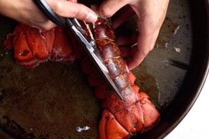 Cutting off the shell of the lobster tail