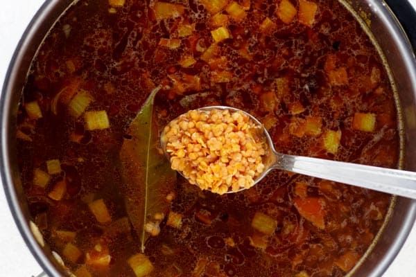 Lentils added to pot of cooking soup ingredients