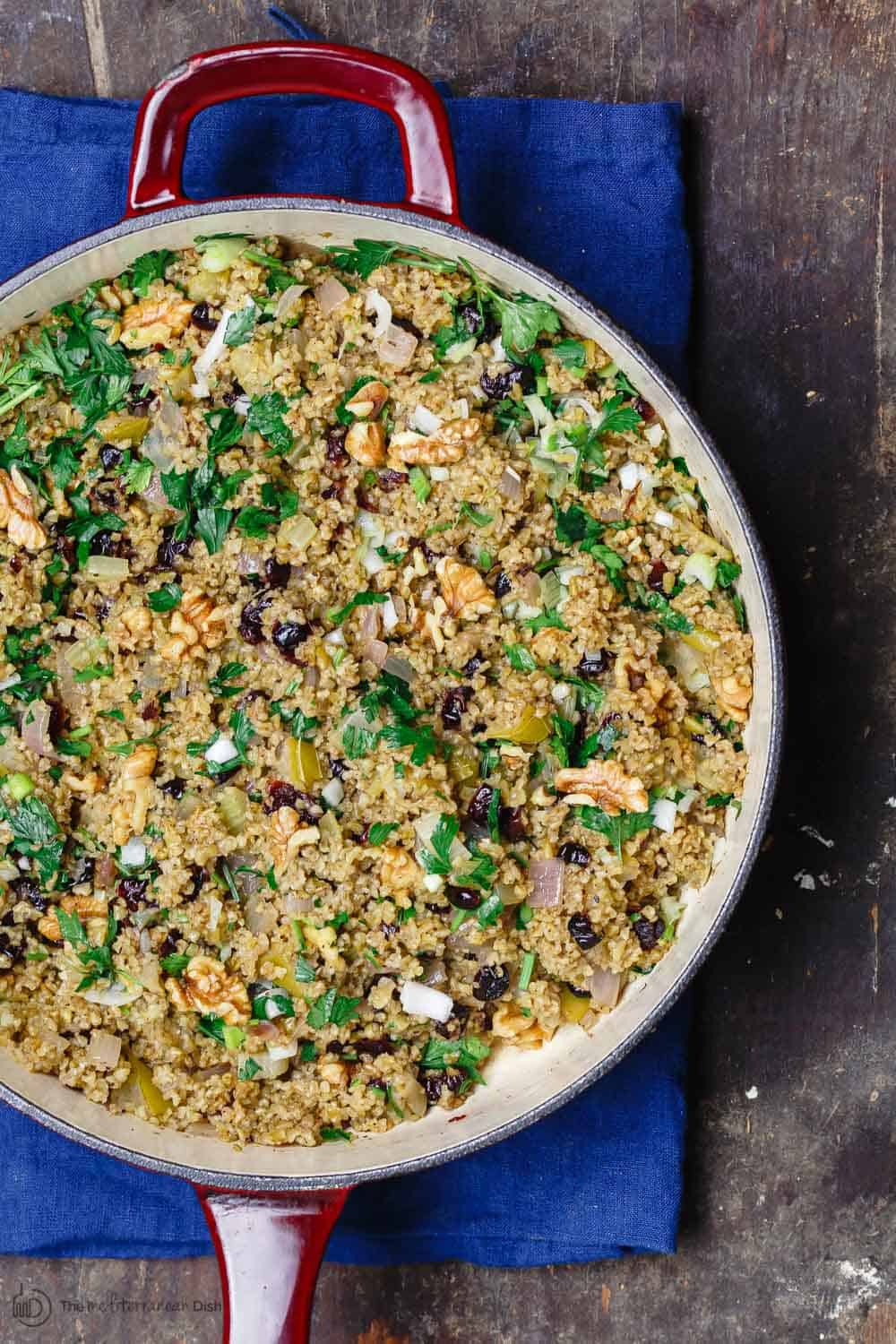 Large cooking skillet used to cook freekeh with cranberries and apples