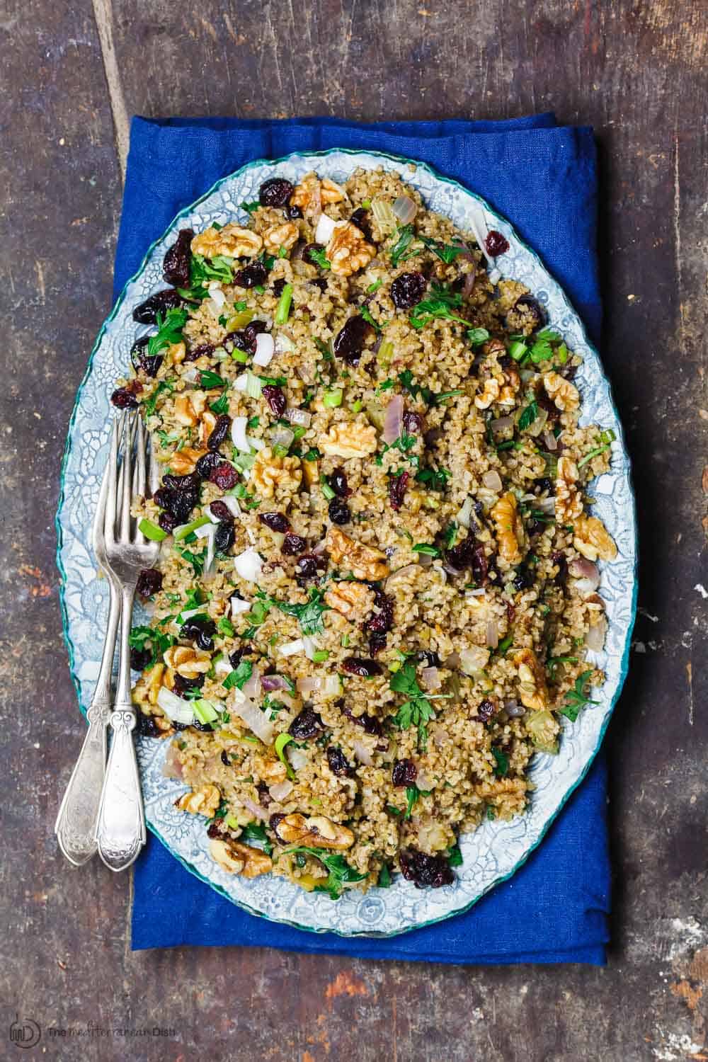 Mediterranean Freekeh served as a stuffing or side dish with cranberries and apples