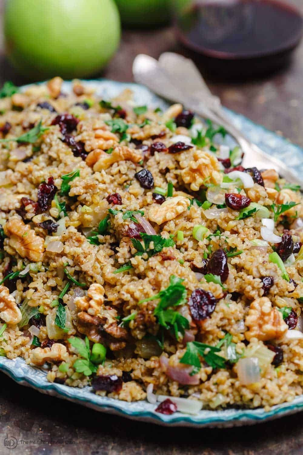 Freekeh with cranberries, apples, Mediterranean spices and fresh herbs