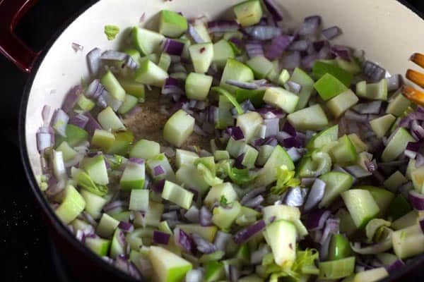 Saute onions, apples and celery