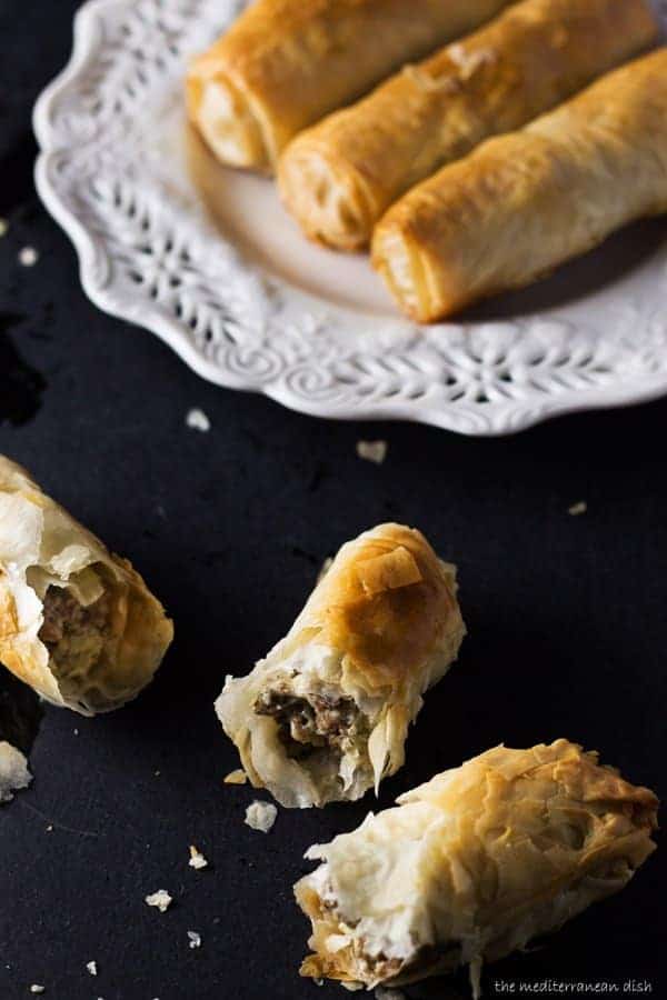 Phyllo Dough meat rolls served on a plate
