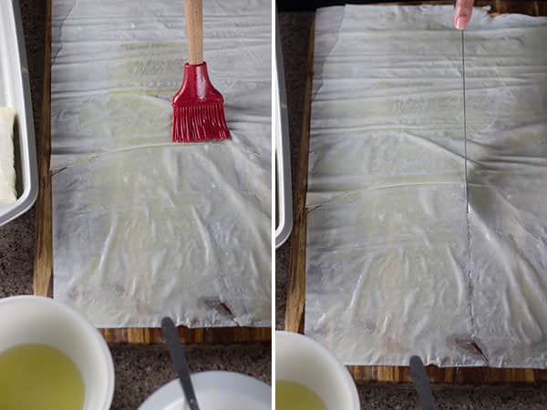 Brushing phyllo dough with olive oil