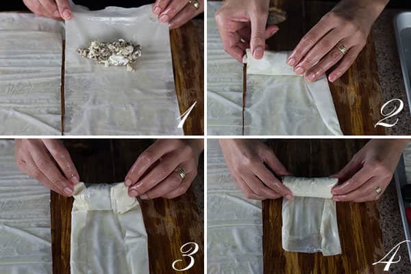 Step-wise photos showing how to add filling and wrap phyllo dough
