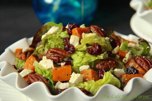 Thanksgiving Recipe for roasted sweet potato salad with honey cumin vinaigrette from The Cafe Sucre Farine