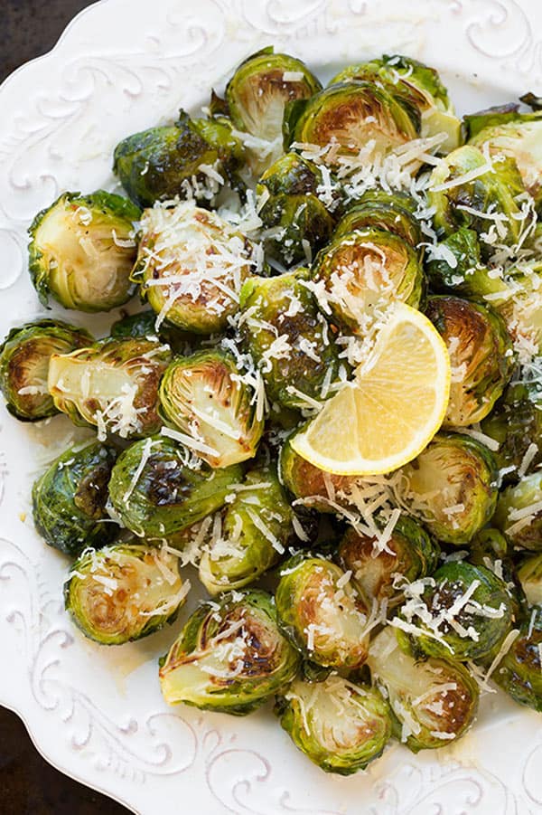 Thanksgiving Recipe for garlic lemon Parmesan roasted brussel sprouts from Cooking Classy
