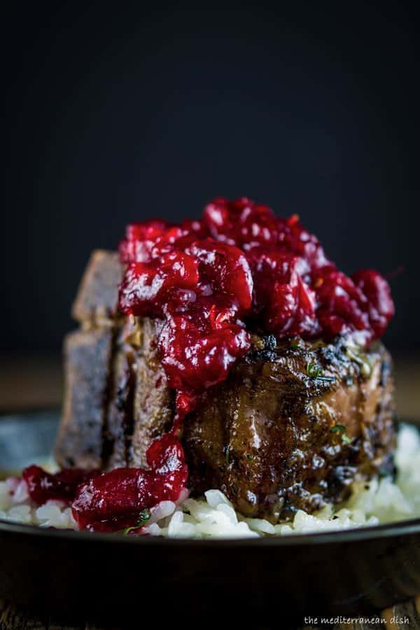 Close-up of Lamb Chops with Cranberry-Harissa Chutney