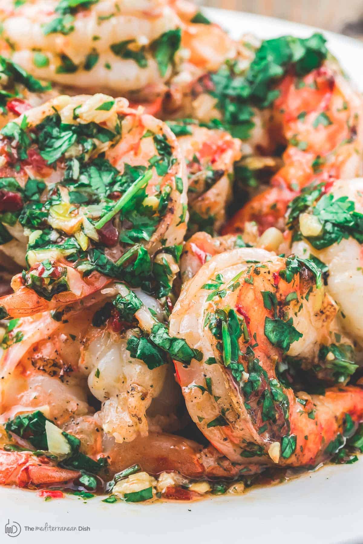 Grilled Shrimp Tossed in Roasted Garlic Cilantro Sauce to serve with pasta