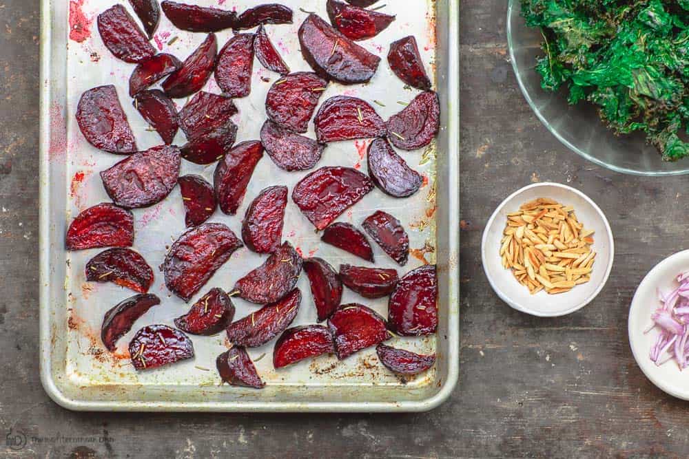 Roasted Beets, Crispy Kale, and Slivered almonds for Roasted Beet Salad