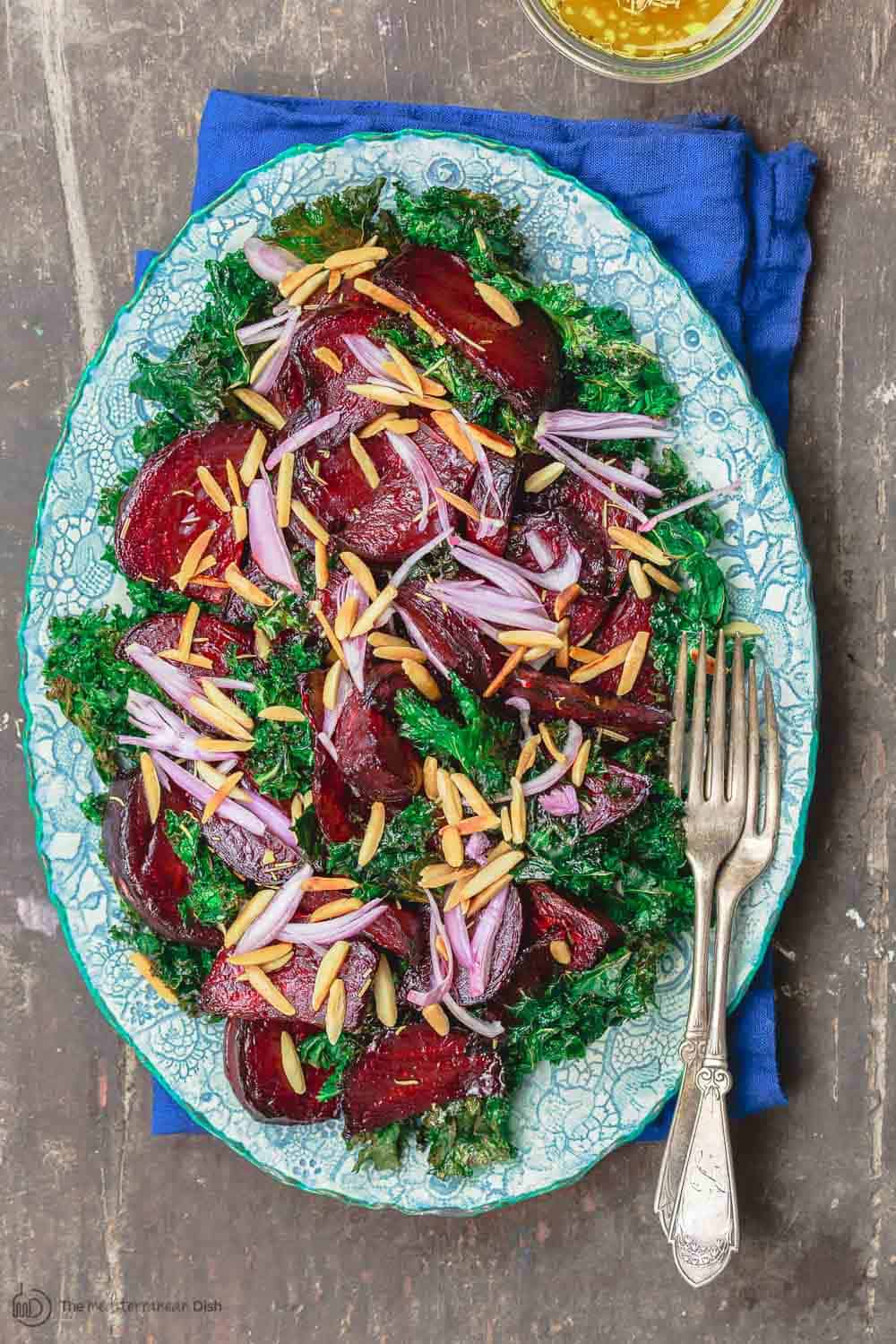 Mediterranean Style Beet Salad with Crispy Kale and Almonds