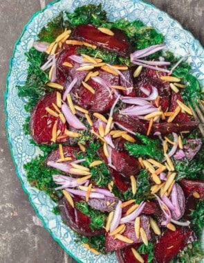 Beet Salad with Crispy Kale, Almonds, Shallots and Lemon-Honey Vinaigrette