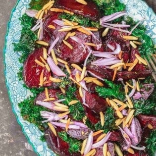 Beet Salad with Crispy Kale, Almonds, Shallots and Lemon-Honey Vinaigrette