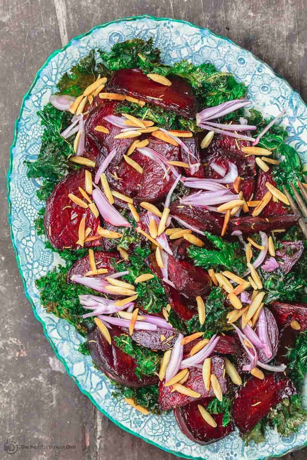 Beet Salad with Crispy Kale, Almonds, Shallots and Lemon-Honey Vinaigrette