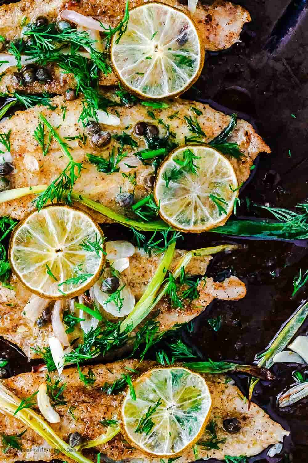 Baked sole fillet garnished with dill and lemon slices