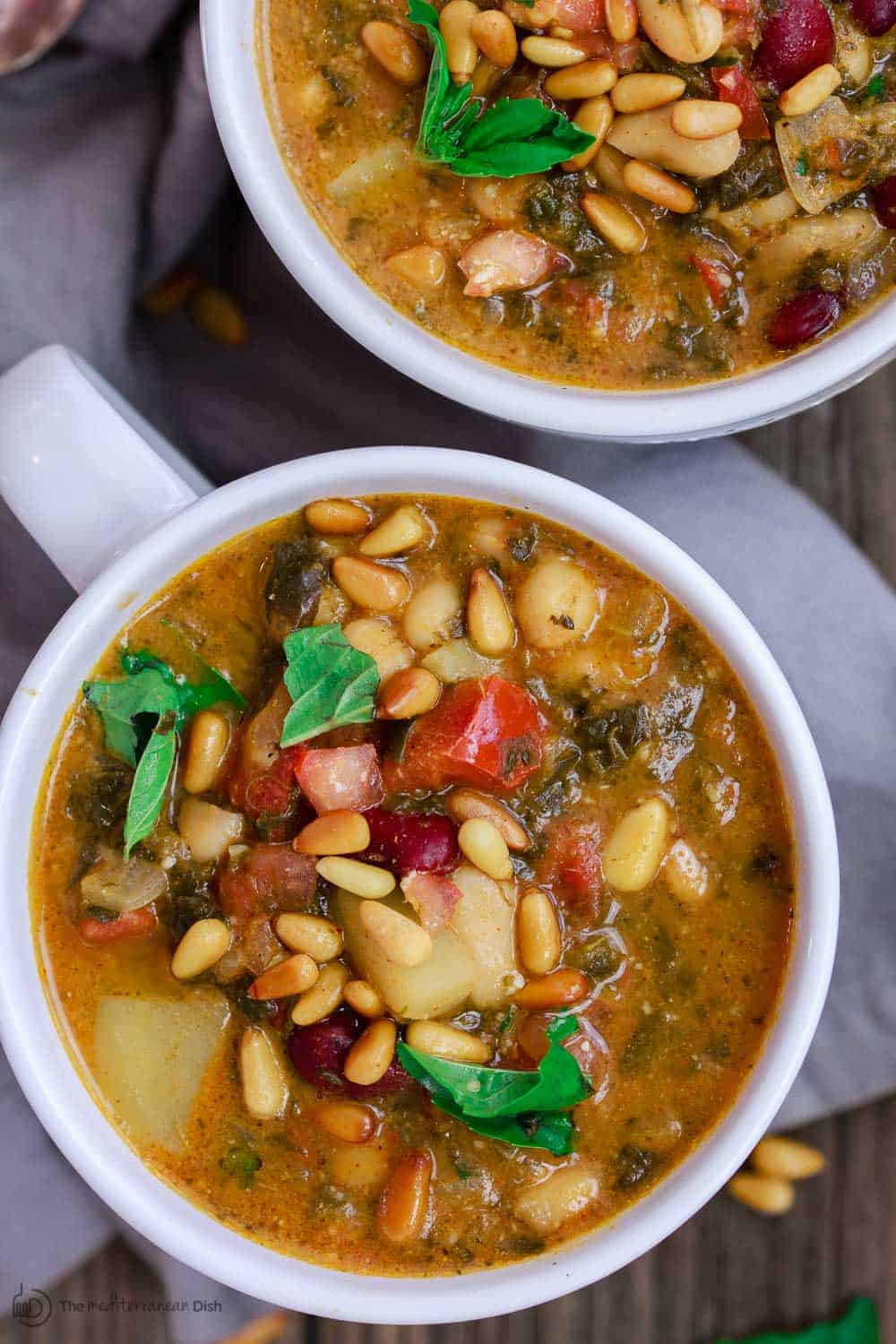 Mediterranean 3 bean soup with vegetables and tomato pesto