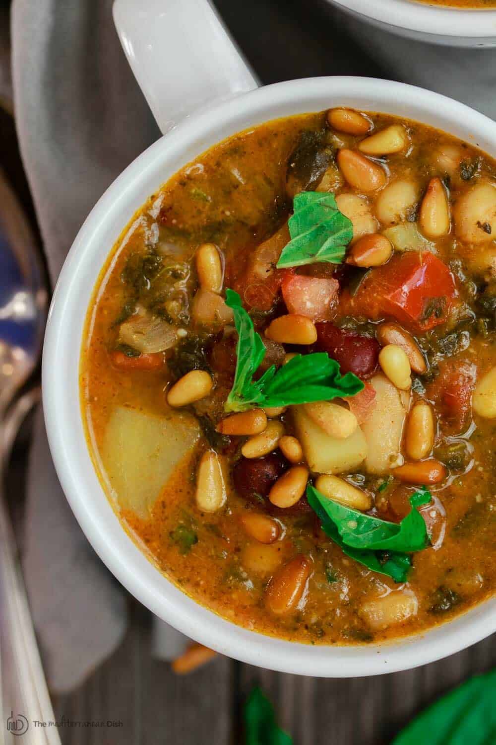 Mediterranean 3 bean soup with vegetables and tomato pesto