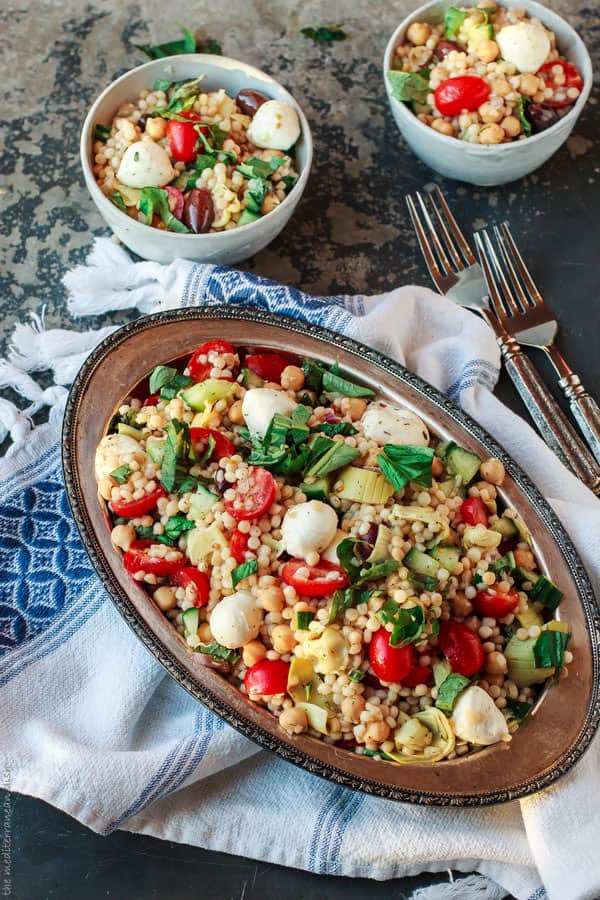 Israeli Couscous Recipe with Chopped Vegetables, Chickpeas, and Artichokes