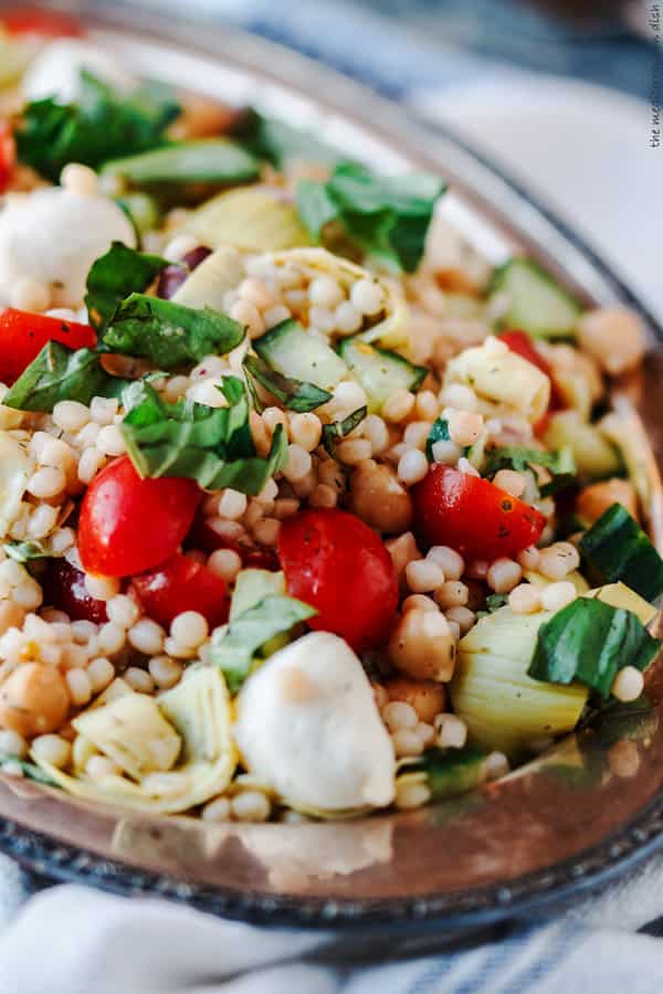 Israeli Couscous Recipe with Chopped Vegetables, Chickpeas, and Artichokes