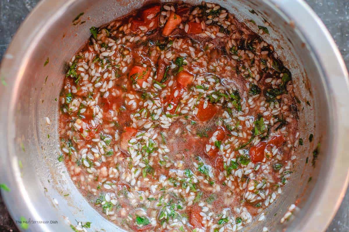 Stuffing for vegetarian stuffed cabbage rolls prepared in mixing bowl