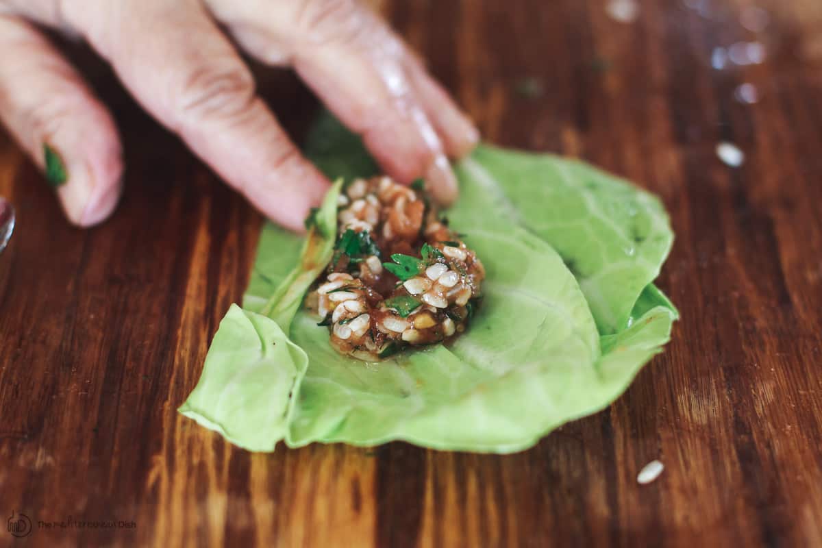 A spoonful of stuffing for vegetarian stuffed cabbage rolls placed on one leaf of cabbage