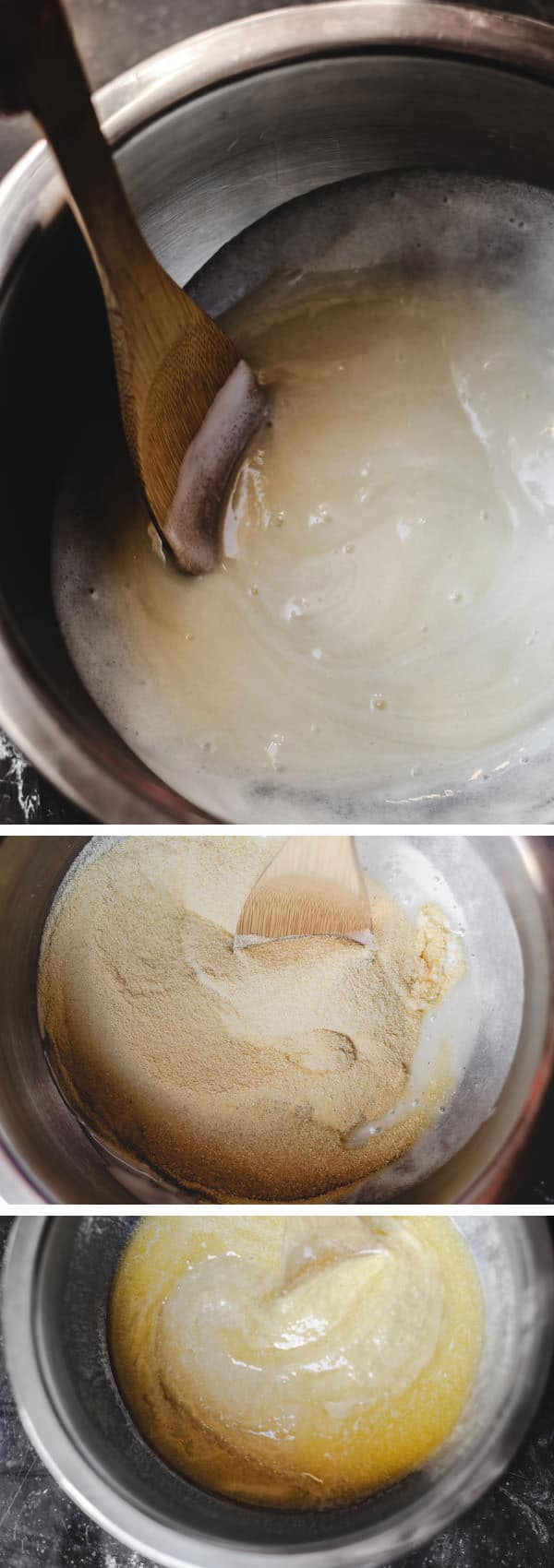 Sugar, yogurt, semolina, baking powder, milk and butter combined in a pot in a step-wise fashion