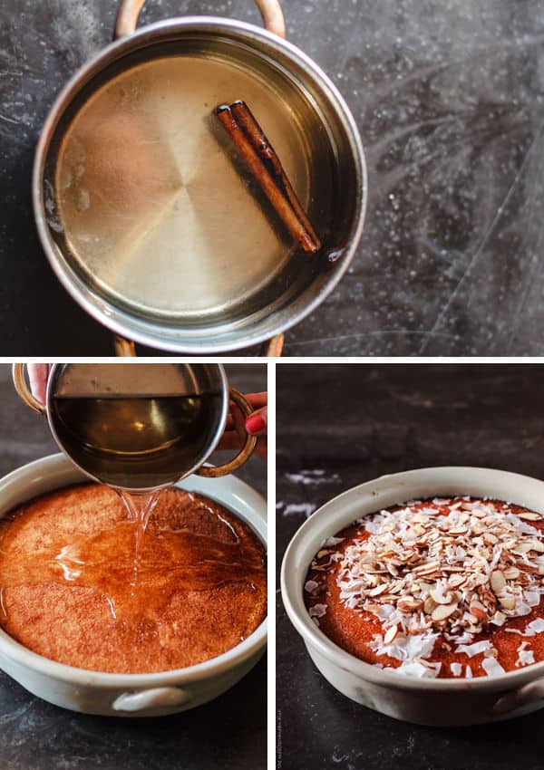 Preparation of the simple syrup with cinnamon stick in pot, simple syrup poured over semolina cake and topped with sliced almonds and coconut