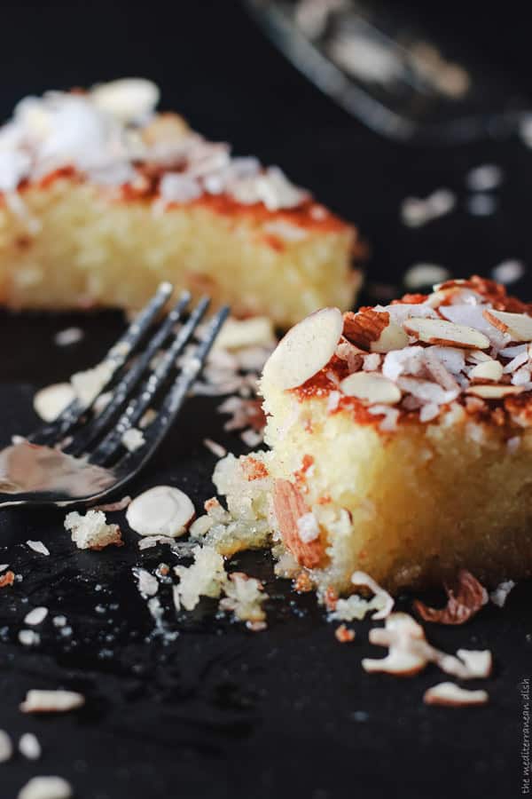 Piece of semolina cake with bite taken out of it