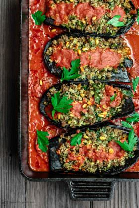 Mediterranean Stuffed Eggplant Recipe | The Mediterranean Dish. This is a must-try all star recipe for stuffed eggplants. Roasted eggplants stuffed with a fragrant spiced meat, bulgur and pine nut mixture. So good! See full recipe on TheMediterraneanDish.com