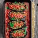 Mediterranean Stuffed Eggplant Recipe | The Mediterranean Dish. This is a must-try all star recipe for stuffed eggplants. Roasted eggplants stuffed with a fragrant spiced meat, bulgur and pine nut mixture. So good! See full recipe on TheMediterraneanDish.com