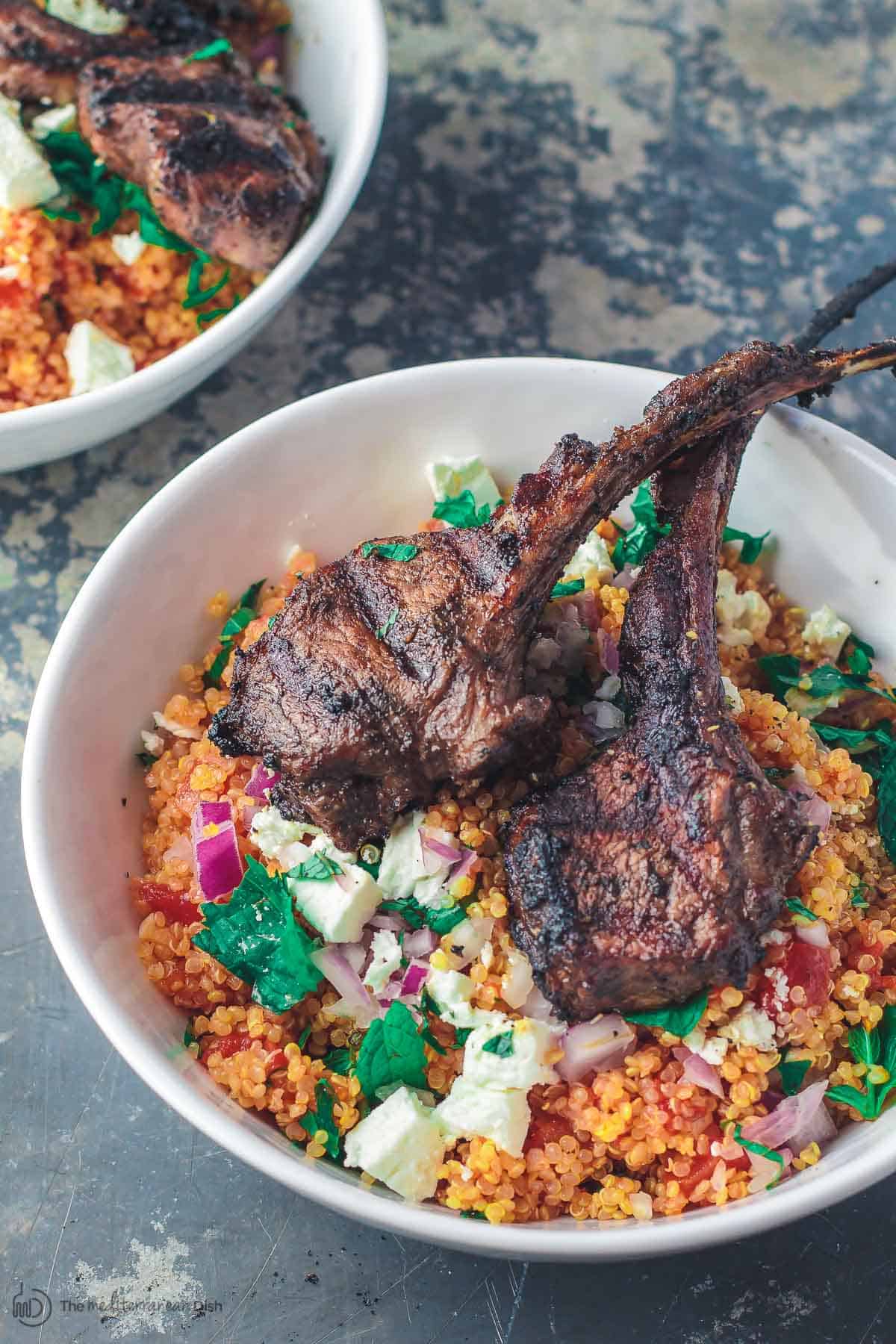Grilled lamb chops with tomato mint quinoa