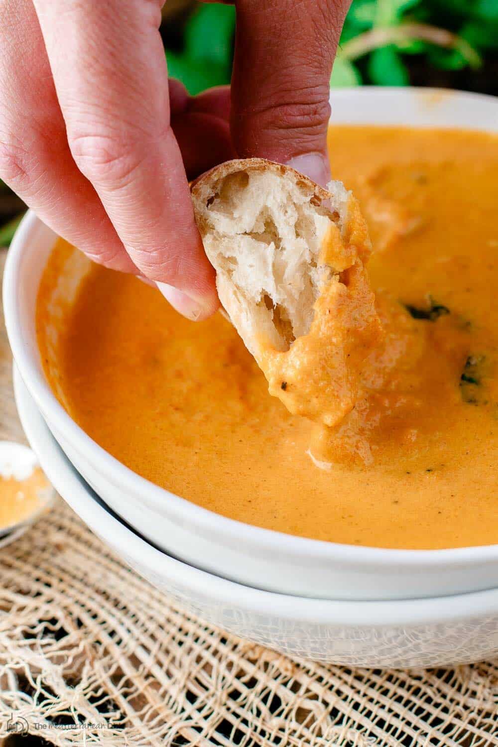 Roasted Carrot soup with ginger and Mediterranean spices. Served with crusty bread to dip