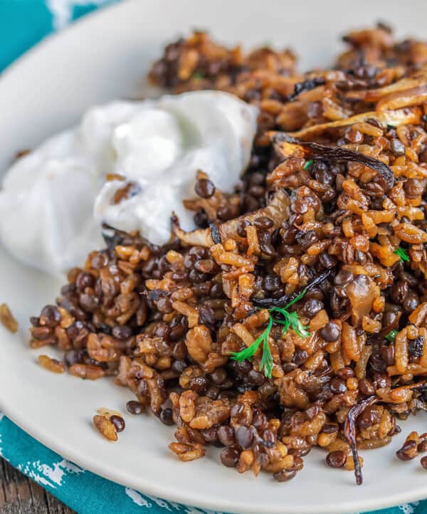 Mujadara Recipe | The Mediterranean Dish. This simple lentils and rice recipe garnished with crispy onions is a signature Middle Eastern Dish that makes for a healthy flavor-packed feast. Vegan, Gluten Free. Check out the easy step-by-step photo instructions at The Mediterranean Dish