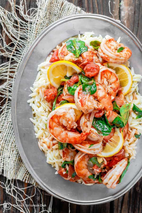 Garlic-Shrimp Orzo plated and ready to serve