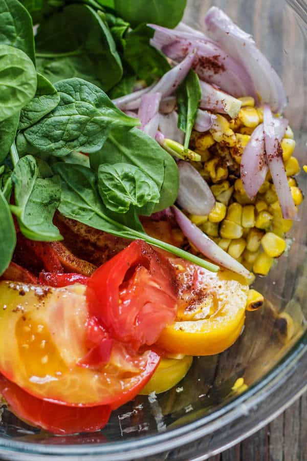 Ingredients for salad combined in a bowl