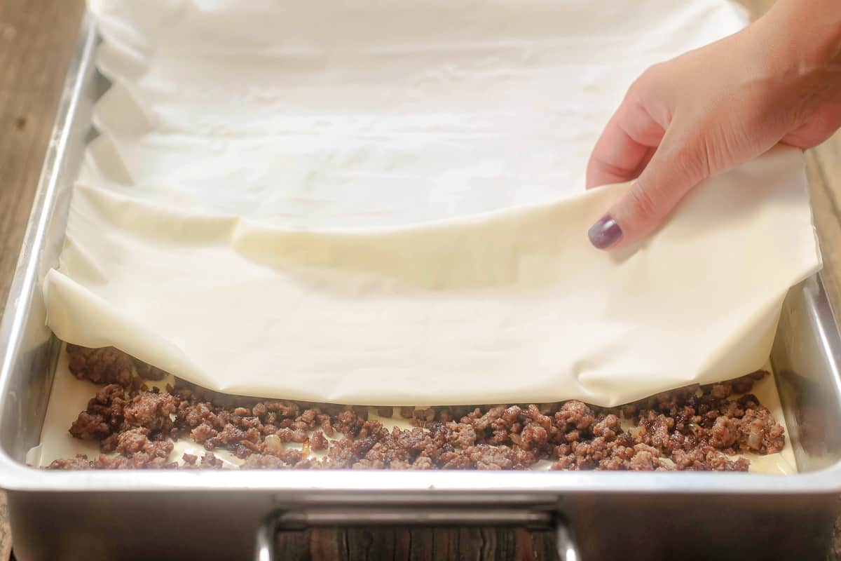 phyllo dough layered onto ground beef for Egyptian goulash.