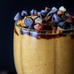 5-Minute Pumpkin Greek Yogurt Parfait | The Mediterranean Dish. Pumpkin puree, Greek yogurt, a little mascarpone with brown sugar, molasses! Top with chocolate chips and your favorite nuts! The perfect gluten-free Thanksgiving treat...but if you ask me, I'll have this for breakfast any day!