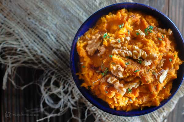 Walnuts added to the top of Mashed Sweet Potatoes