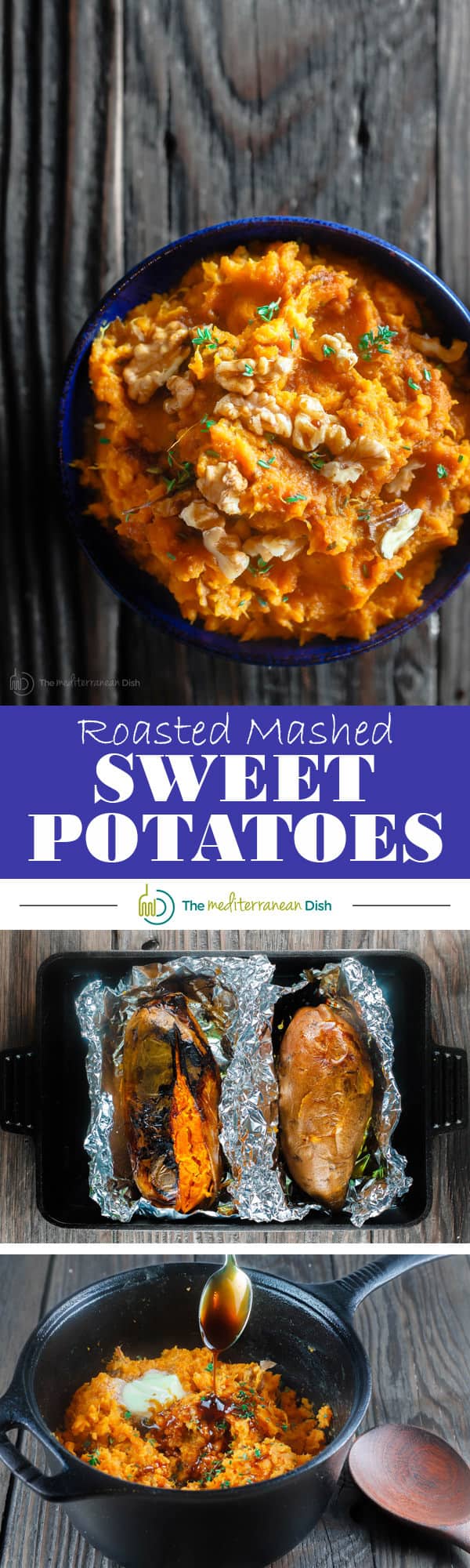 Roasted Mashed Sweet Potatoes with Thyme and Molasses | The Mediterranean Dish. Do not hide your mashed sweet potatoes underneath marshmallows. Try this simple, rustic and flavor packed mashed sweet potatoes instead. The perfect Thanksgiving dish.