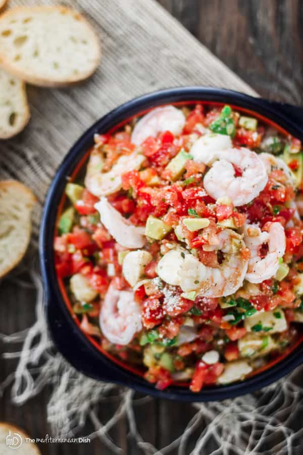 Bowl of Shrimp Bruschetta Recipe served with bread on the side