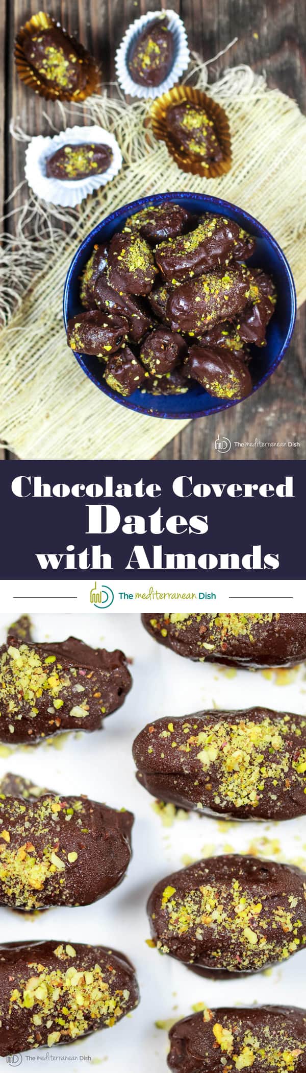 Chocolate Covered Date Recipe | The Mediterranean Dish. Melt-in-your-mouth soft medjool dates, stuffed with almonds and covered in chocolate! An easy make-ahead gluten free (and vegan) dessert. These homemade candy make the perfect edible gift!