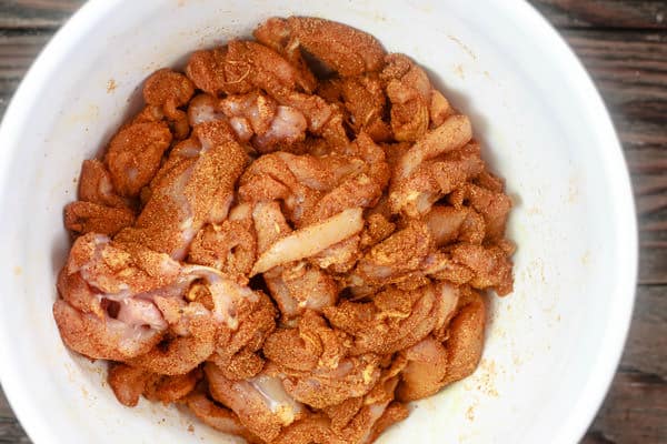 Chicken pieces, combined with shawarma spices, lemon juice and olive oil. 