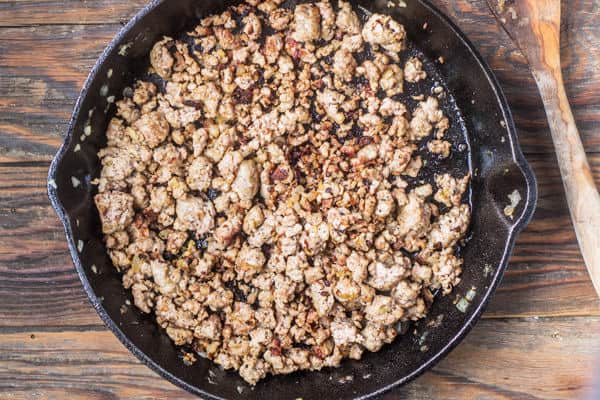 Browned Italian sausage in a skillet