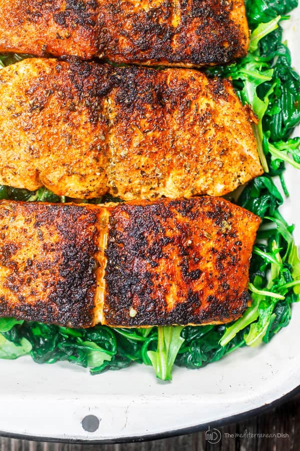 Easy Pan Seared Salmon Recipe with Orange Juice, Wilted Spinach and