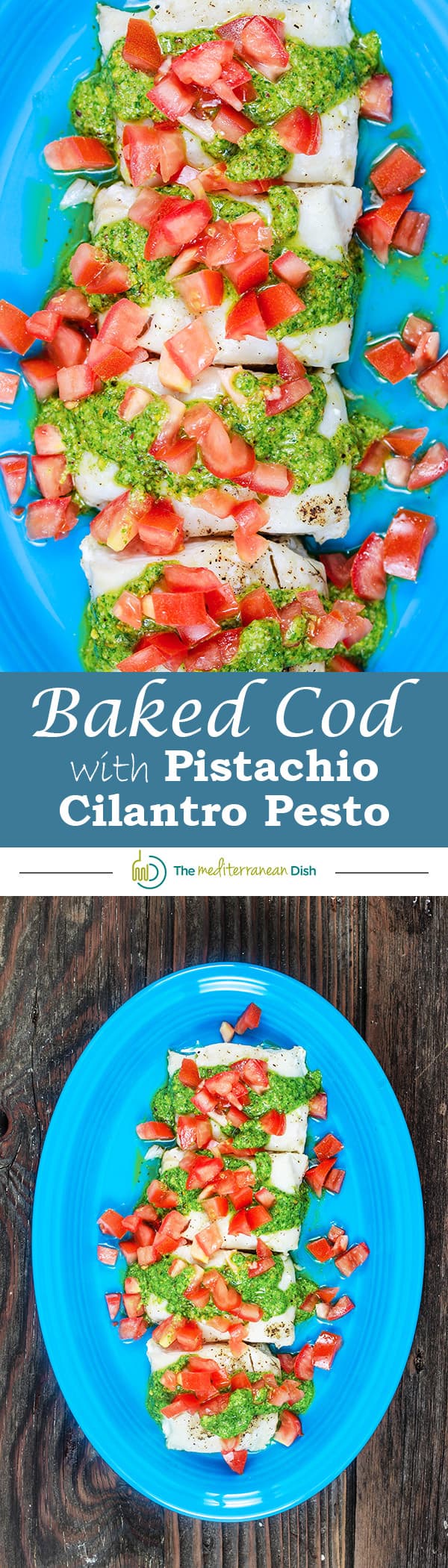 Baked Cod Recipe with Pistachio Cilantro Pesto | The Mediterranean Dish. A 25-minute baked cod dinner with bold flavors from cilantro, garlic, and lemon juice. See the two-step recipe on The Mediterranean Dish today!