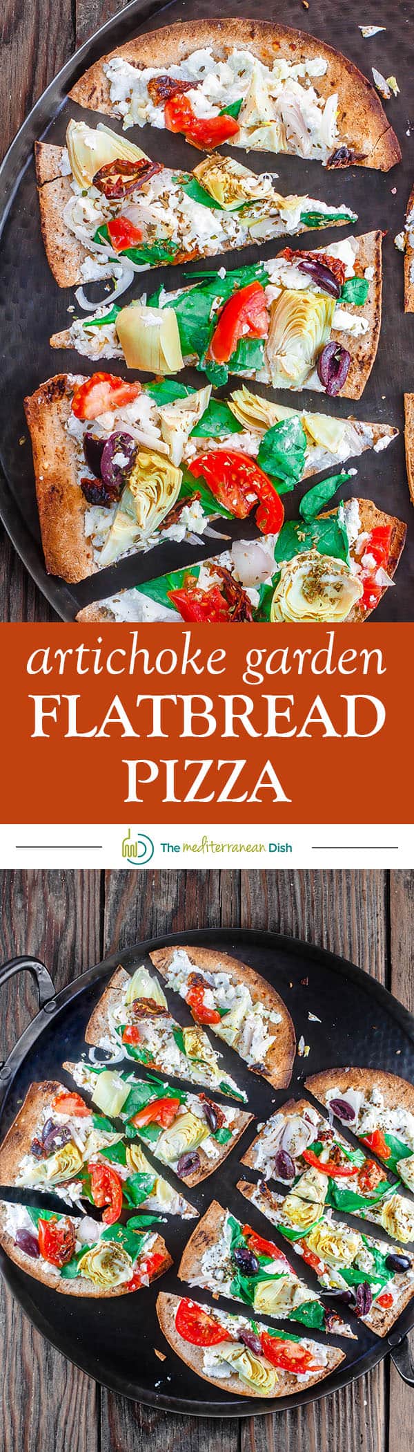 15-minute Artichoke Garden Flatbread Pizza | The Mediterranean Dish. Mediterranean-style flatbread pizza with artichokes, tomatoes, olives, feta and more! With ready low-carb, high fiber Flatout® Flatbread!